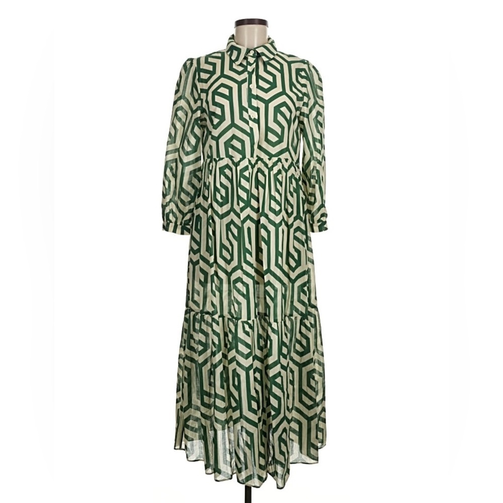 Zara // Karen Tiered Popover Geometric Print Midi Dress